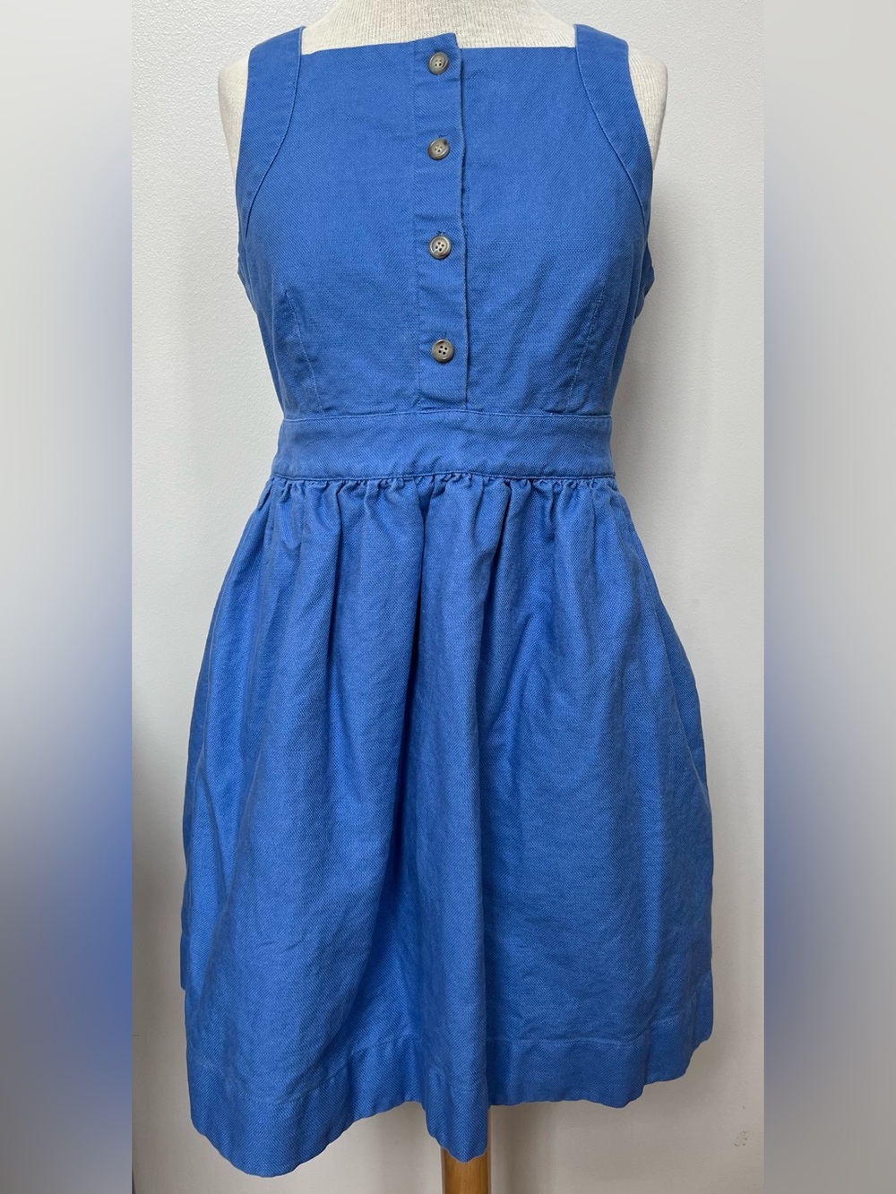 J.Crew Blue Linen Cotton Square Neck Fit & Flare Dress Size 10